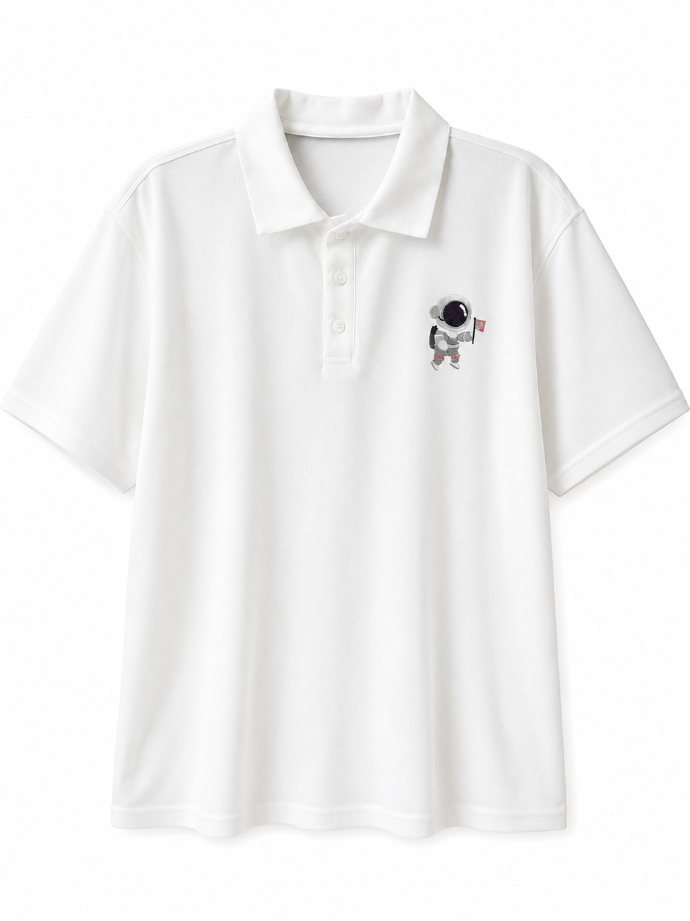 White Polo Shirt with Mini Astronaut Embroidery